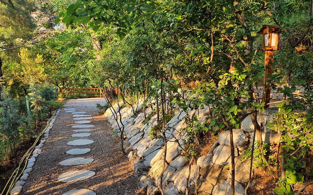 Πέτρινος διάδρομος στους εξωτερικούς χώρους του Villa Dimitra στη Θάσο